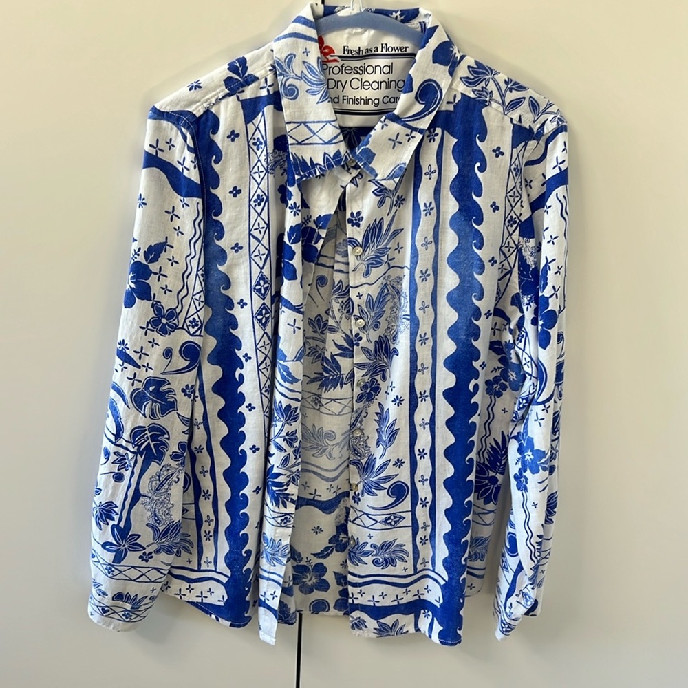 White and blue linen button down
